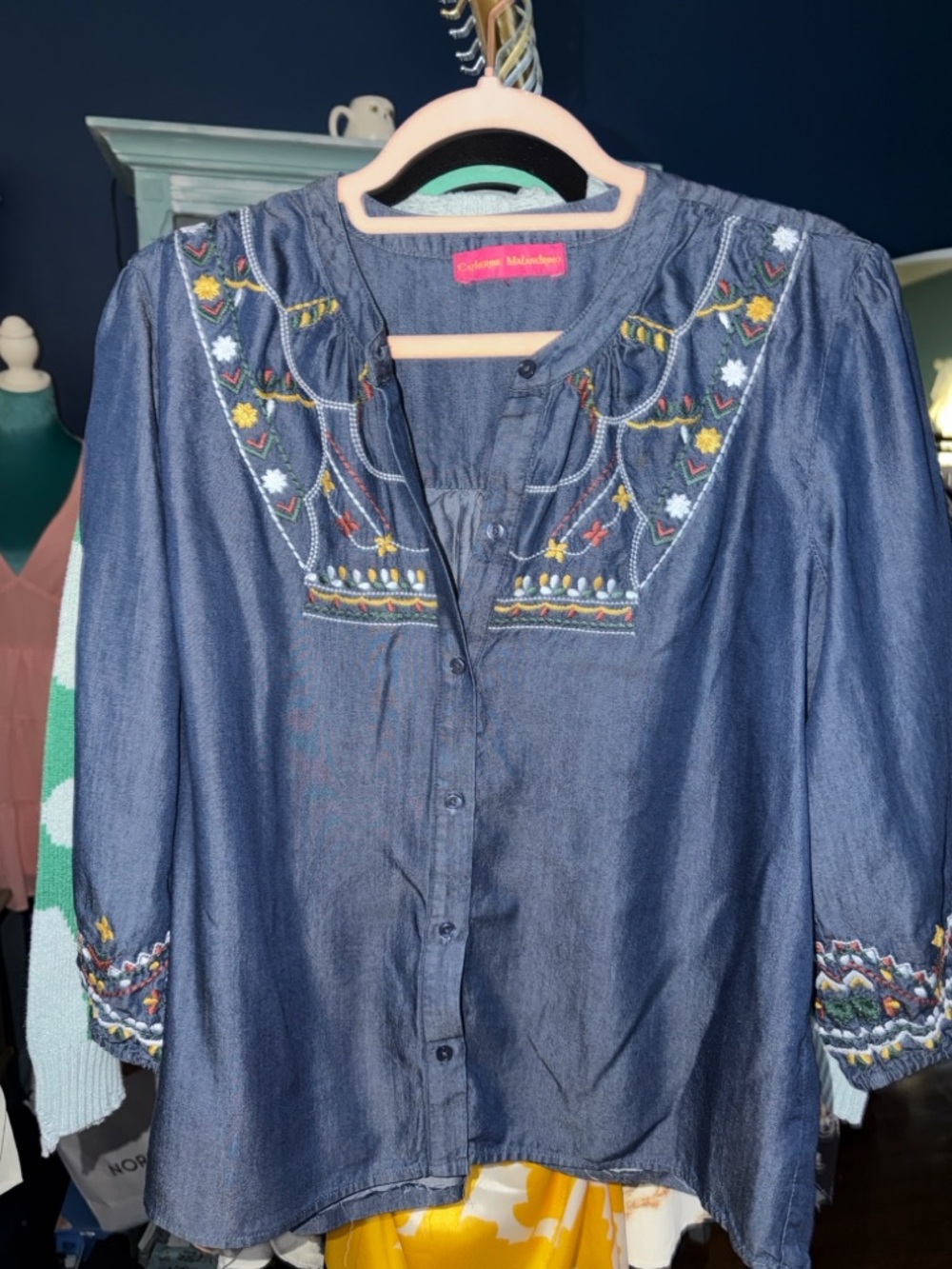 CATHERINE MALANDRINO Embroidered Chambray *Hemmed*Peasant top - read description - Picture 7 of 8